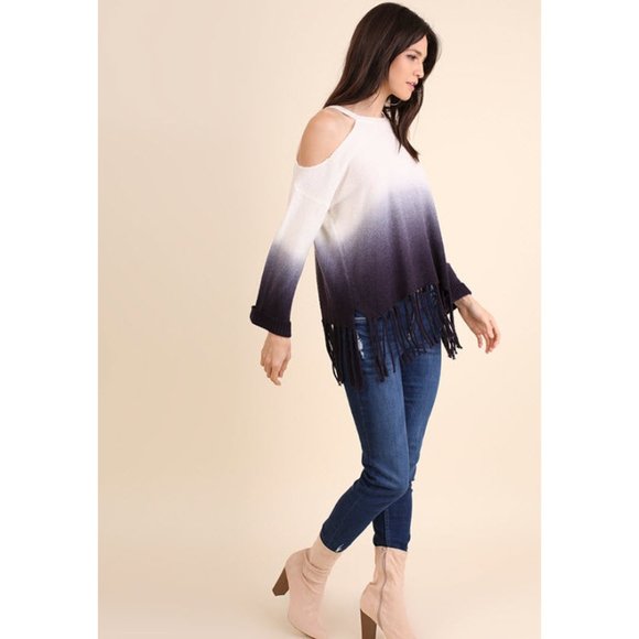 Umgee Ombre Cold Shoulder Fringe Sweater, Navy - Picture 6 of 6